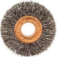 Brush Research Mfg. - 1-1/2" OD, 3/8" Arbor Hole, Crimped Carbon Wheel Brush - 1/4" Face Width, 3/8" Trim Length, 20,000 RPM - Exact Tool & Supply