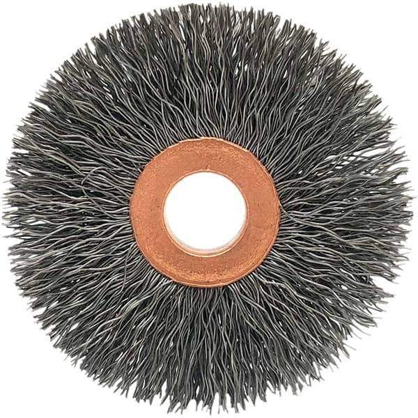 Brush Research Mfg. - 2-1/2" OD, 1/2" Arbor Hole, Crimped Carbon Wheel Brush - 1/2" Face Width, 3/4" Trim Length, 20,000 RPM - Exact Tool & Supply
