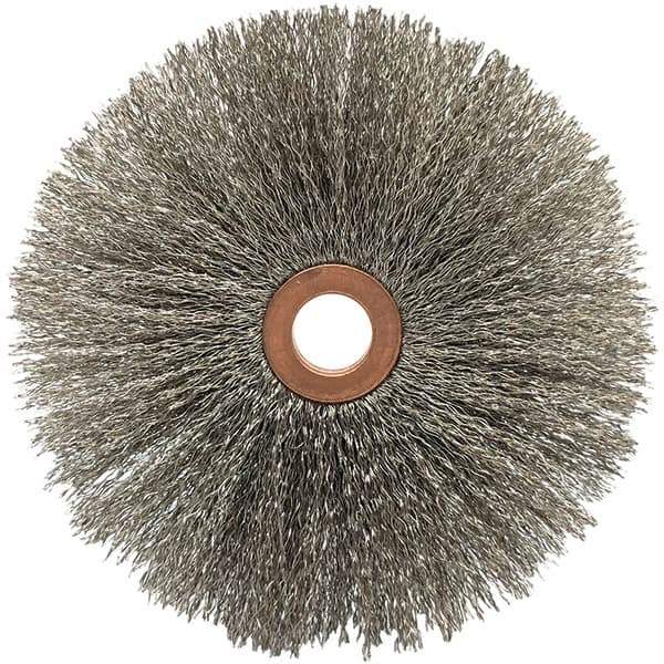 Brush Research Mfg. - 4" OD, 5/8" Arbor Hole, Crimped Carbon Wheel Brush - 5/8" Face Width, 1-9/16" Trim Length, 20,000 RPM - Exact Tool & Supply