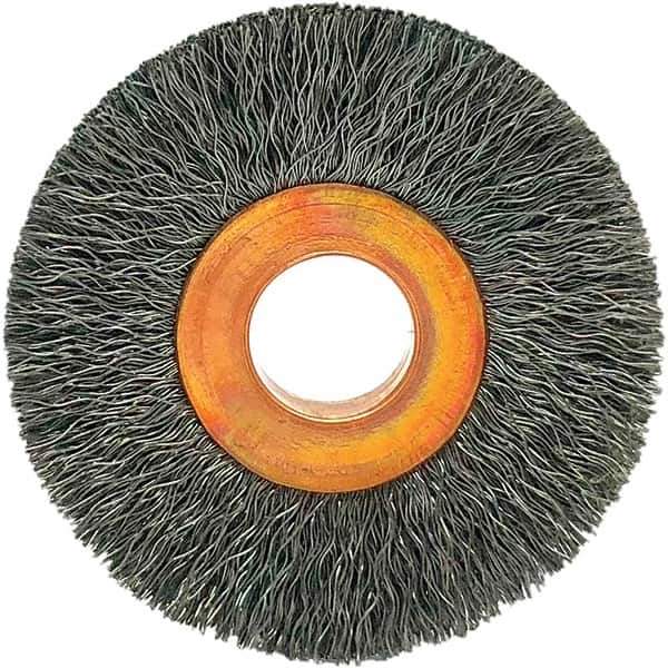 Brush Research Mfg. - 1-1/2" OD, 3/8" Arbor Hole, Crimped Carbon Wheel Brush - 1/4" Face Width, 3/8" Trim Length, 20,000 RPM - Exact Tool & Supply