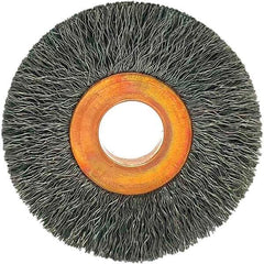 Brush Research Mfg. - 1-1/2" OD, 3/8" Arbor Hole, Crimped Carbon Wheel Brush - 1/4" Face Width, 3/8" Trim Length, 20,000 RPM - Exact Tool & Supply