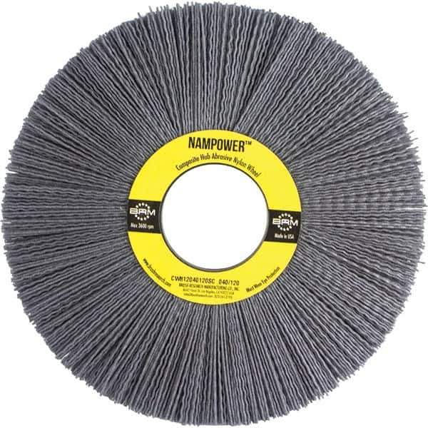 Brush Research Mfg. - 8" OD, 2" Arbor Hole, Crimped Abrasive Nylon Wheel Brush - 1/2" Face Width, 2-1/2" Trim Length, 3,600 RPM - Exact Tool & Supply