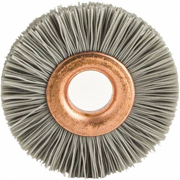 Brush Research Mfg. - 4" OD, 1/2" Arbor Hole, Crimped Abrasive Nylon Wheel Brush - 3/4" Face Width, 1-7/16" Trim Length, 20,000 RPM - Exact Tool & Supply