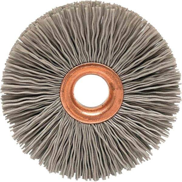 Brush Research Mfg. - 3-1/2" OD, 1/2" Arbor Hole, Crimped Abrasive Nylon Wheel Brush - 3/4" Face Width, 3/16" Trim Length, 20,000 RPM - Exact Tool & Supply