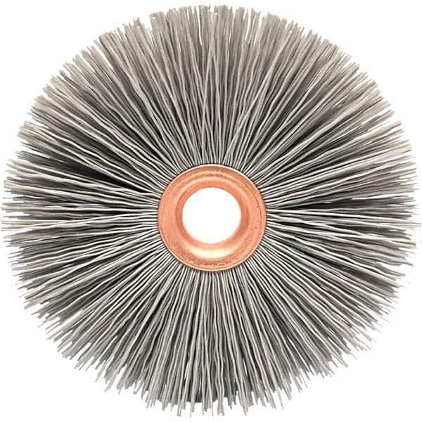 Brush Research Mfg. - 2-1/2" OD, 1/2" Arbor Hole, Crimped Abrasive Nylon Wheel Brush - 1/2" Face Width, 3/4" Trim Length, 20,000 RPM - Exact Tool & Supply