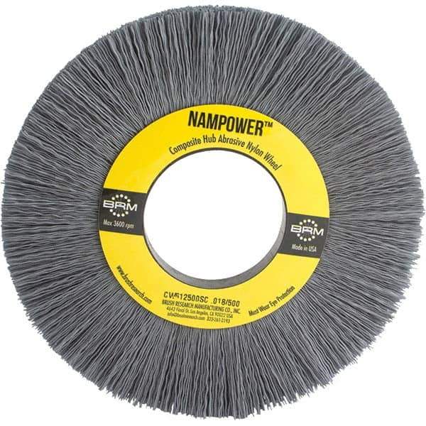 Brush Research Mfg. - 6" OD, 2" Arbor Hole, Crimped Abrasive Nylon Wheel Brush - 1" Face Width, 1-1/2" Trim Length, 3,600 RPM - Exact Tool & Supply