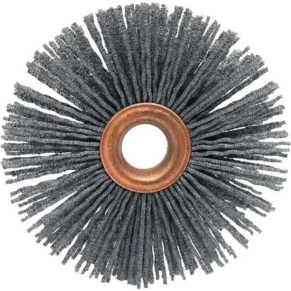 Brush Research Mfg. - 4" OD, 1/2" Arbor Hole, Crimped Abrasive Nylon Wheel Brush - 3/4" Face Width, 1-7/16" Trim Length, 20,000 RPM - Exact Tool & Supply