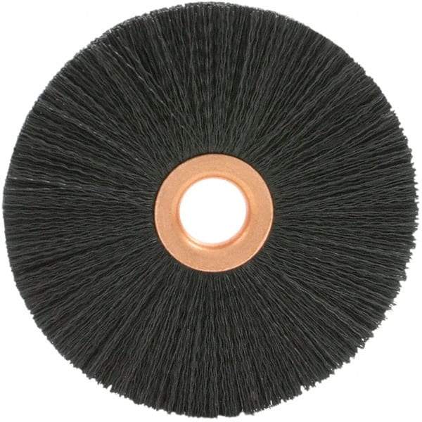 Brush Research Mfg. - 2" OD, 5/8" Arbor Hole, Crimped 6-12 Nylon Wheel Brush - 3/8" Face Width, 1/2" Trim Length, 20,000 RPM - Exact Tool & Supply