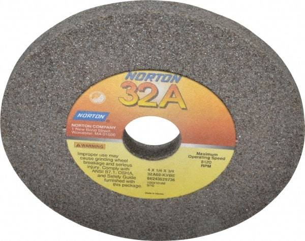 Norton - 60 Grit Aluminum Oxide Type 1 Internal Grinding Wheel - 4" Diam x 3/4" Hole x 1/4" Thick, 8,120 Max RPM, Type 1 Medium Grade, K Hardness, Vitrified Bond, No Recess - Exact Tool & Supply