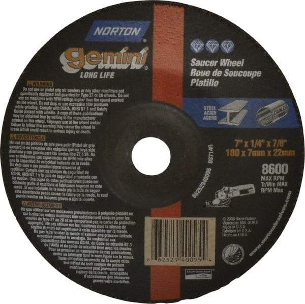 Norton - 24 Grit, 7" Wheel Diam, 1/4" Wheel Thickness, 7/8" Arbor Hole, Type 28 Depressed Center Wheel - Aluminum Oxide, 8,600 Max RPM, Compatible with Angle Grinder - Exact Tool & Supply