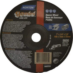 Norton - 24 Grit, 7" Wheel Diam, 1/4" Wheel Thickness, 7/8" Arbor Hole, Type 28 Depressed Center Wheel - Aluminum Oxide, 8,600 Max RPM, Compatible with Angle Grinder - Exact Tool & Supply