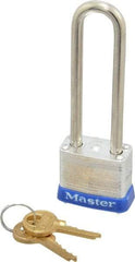 Master Lock - 2-1/2" Shackle Clearance, Keyed Different Padlock - 1/2" Shackle Width, 3/16" Shackle Diam, Laminated Steel - Exact Tool & Supply