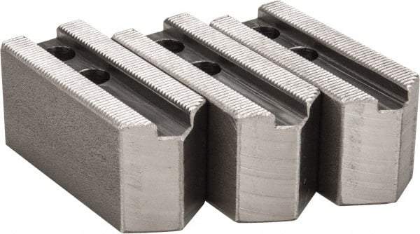 H & R Manufacturing - 1.5mm x 60° Serrated Attachment, Square Soft Lathe Chuck Jaw - 3 Jaws, Steel, 0.787" Btw Mount Hole Ctrs, 3-1/8" Long x 1-1/4" Wide x 1-1/2" High, 0.472" Groove, 10mm Fastener - Exact Tool & Supply