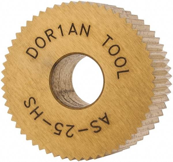 Dorian Tool - 3/4" Diam, 90° Tooth Angle, 25 TPI, Standard (Shape), Form Type High Speed Steel Straight Knurl Wheel - 3/8" Face Width, 1/4" Hole, Circular Pitch, Bright Finish, Series A - Exact Tool & Supply