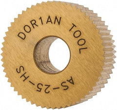 Dorian Tool - 3/4" Diam, 90° Tooth Angle, 25 TPI, Standard (Shape), Form Type High Speed Steel Straight Knurl Wheel - 3/8" Face Width, 1/4" Hole, Circular Pitch, Bright Finish, Series A - Exact Tool & Supply