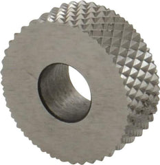 Made in USA - 1/2" Diam, 90° Tooth Angle, 30 TPI, Standard (Shape), Form Type High Speed Steel Male Diamond Knurl Wheel - 3/16" Face Width, 3/16" Hole, Circular Pitch, 30° Helix, Bright Finish, Series EP - Exact Tool & Supply