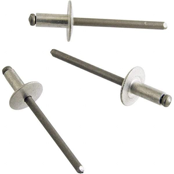 STANLEY Engineered Fastening - Size 4 Large Flange Head Aluminum Open End Blind Rivet - Aluminum Mandrel, 0.063" to 1/8" Grip, 1/8" Head Diam, 0.129" to 0.133" Hole Diam, 0.078" Body Diam - Exact Tool & Supply