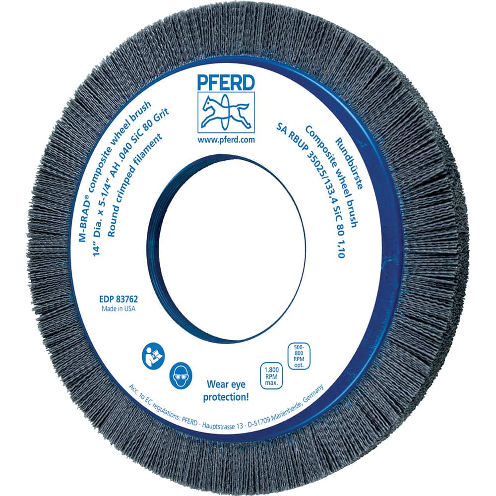PFERD - Wheel Brushes; Outside Diameter (Inch): 14 ; Wire Type: Crimped; Round ; Fill Material: Nylon ; Trim Length (Inch): 1-1/2 ; Filament Wire Diameter Range: 0.0300 & Above ; Maximum RPM: 1800.000 - Exact Tool & Supply