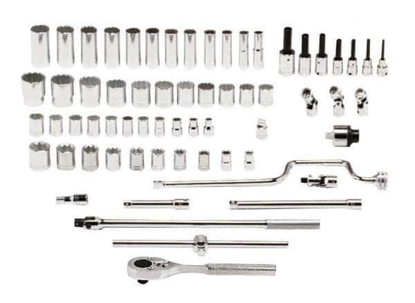 Proto - 65 Piece 1/2" Drive Standard Deep Socket Set - 8 & 12 Points, 3/8 to 1-1/2", Inch Measurement Standard - Exact Tool & Supply