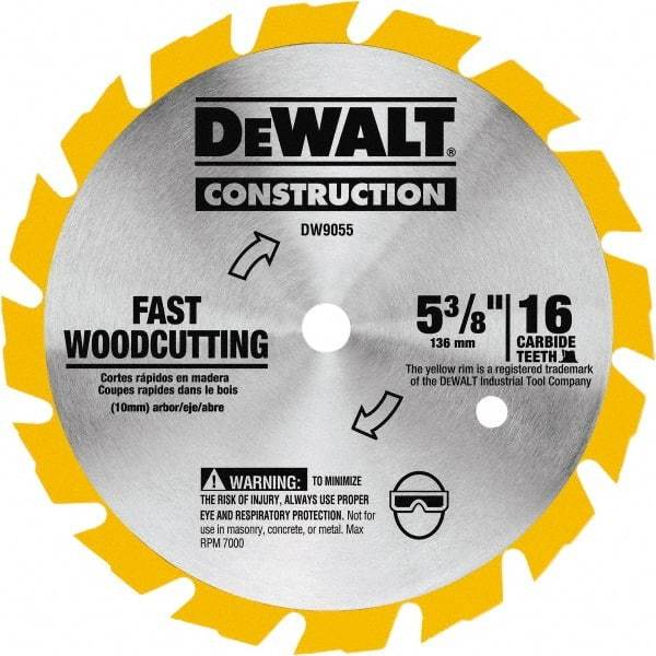 DeWALT - 5-3/8" Diam, 0.3937" Arbor Hole Diam, 16 Tooth Wet & Dry Cut Saw Blade - Tungsten Carbide-Tipped, Fast Cutting Action, Diamond Arbor - Exact Tool & Supply