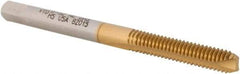 Vermont Tap & Die - #8-32 UNC, 2 Flute, TiN Finish, High Speed Steel Spiral Point Tap - Bottoming Chamfer, Right Hand Thread, 2-1/8" OAL, 3/4" Thread Length, 4.27mm Shank Diam, 2B Class of Fit, Series TN3112 - Exact Tool & Supply