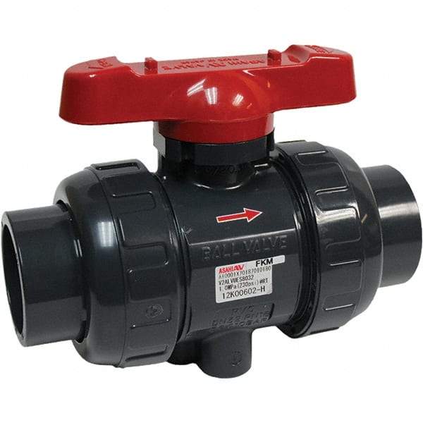 Asahi/America - 1-1/4" Pipe, Full Port, PVC True Union Design Ball Valve - 1 Piece, Socket x Thread Ends, Tee Handle - Exact Tool & Supply