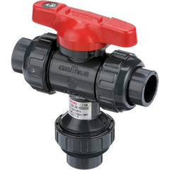 Asahi/America - 1-1/2" Pipe, Full Port, PVC Multiport Ball Valve - Three Way, Socket Ends, Tee Handle - Exact Tool & Supply