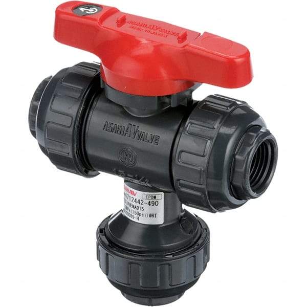 Asahi/America - 1-1/4" Pipe, Full Port, PVC Multiport Ball Valve - Three Way, Threaded Ends, Tee Handle - Exact Tool & Supply