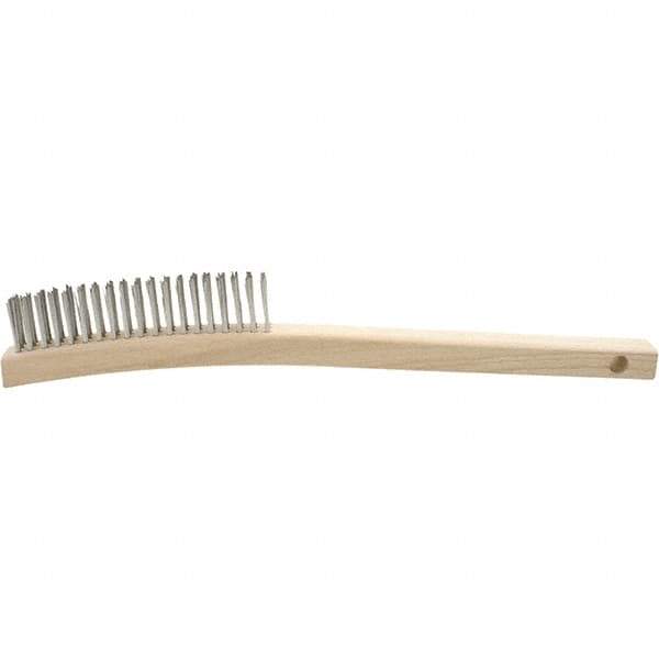 Brush Research Mfg. - 4 Rows x 19 Columns Stainless Steel Scratch Brush - 5-3/4" Brush Length, 13-3/4" OAL, 1-1/8 Trim Length, Wood Curved Back Handle - Exact Tool & Supply