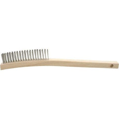 Brush Research Mfg. - 3 Rows x 19 Columns Stainless Steel Scratch Brush - 5-3/4" Brush Length, 13-3/4" OAL, 1-1/8 Trim Length, Wood Curved Back Handle - Exact Tool & Supply