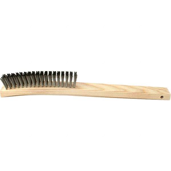 Brush Research Mfg. - 4 Rows x 19 Columns Stainless Steel Scratch Brush - 5-3/4" Brush Length, 14" OAL, 1 Trim Length, Wood Curved Back Handle - Exact Tool & Supply