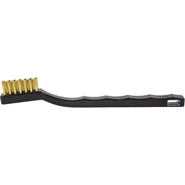 Brush Research Mfg. - 4 Rows x 7 Columns Brass Scratch Brush - 1/2" Brush Length, 7-1/4" OAL, 1/2 Trim Length, Wood Curved Back Handle - Exact Tool & Supply