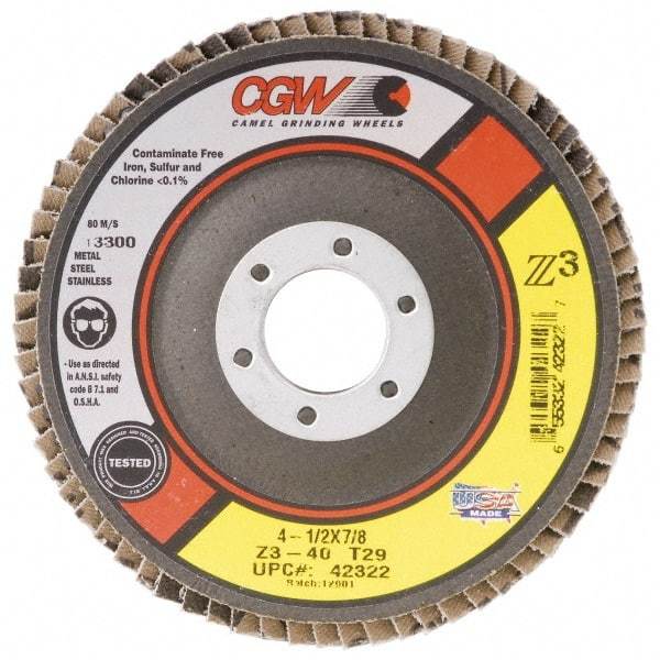 Camel Grinding Wheels - 60 Grit, 7" Disc Diam, 5/8-11 Center Hole, Type 29 Zirconia Alumina Flap Disc - 8,600 Max RPM, Poly Cotton Backing, Arbor Attaching System, Coated - Exact Tool & Supply