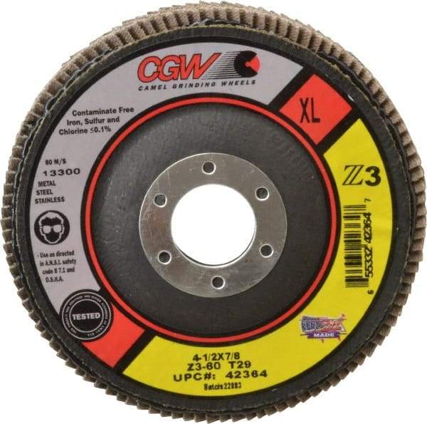 Camel Grinding Wheels - 60 Grit, 4-1/2" Disc Diam, 7/8" Center Hole, Type 29 Zirconia Alumina Flap Disc - 13,300 Max RPM, Poly Cotton Backing, Arbor Attaching System, Coated - Exact Tool & Supply