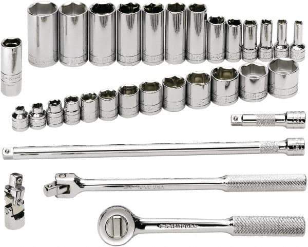 SK - 32 Piece 3/8" Drive Standard Deep Socket Set - 6 Points, 1/4 to 1", Inch Measurement Standard - Exact Tool & Supply