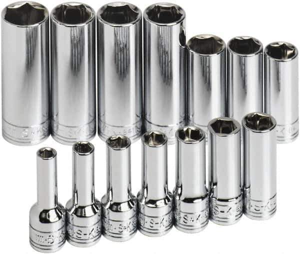SK - 14 Piece 3/8" Drive Tethered Thin Wall Deep Socket Set - 6 Points, 6 to 19mm, Metric Measurement Standard - Exact Tool & Supply