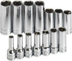 SK - 14 Piece 3/8" Drive Tethered Thin Wall Deep Socket Set - 6 Points, 6 to 19mm, Metric Measurement Standard - Exact Tool & Supply