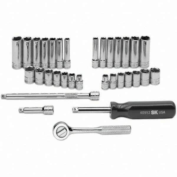 SK - 1/4" Drive Standard Deep Socket Set - 1/4 to 1/2", 6 to 12mm, Inch/Metric Measurement Standard - Exact Tool & Supply