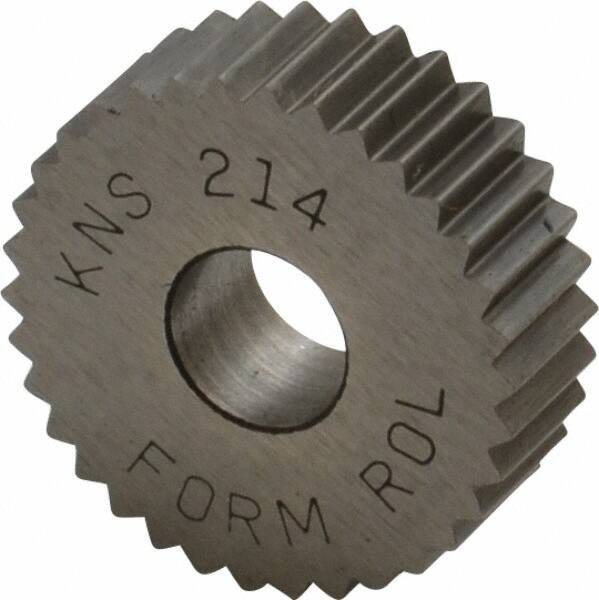 Made in USA - 3/4" Diam, 90° Tooth Angle, 14 TPI, Standard (Shape), Form Type High Speed Steel Straight Knurl Wheel - 1/4" Face Width, 1/4" Hole, Circular Pitch, Bright Finish, Series KN - Exact Tool & Supply