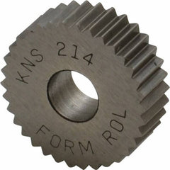 Made in USA - 3/4" Diam, 90° Tooth Angle, 14 TPI, Standard (Shape), Form Type High Speed Steel Straight Knurl Wheel - 1/4" Face Width, 1/4" Hole, Circular Pitch, Bright Finish, Series KN - Exact Tool & Supply