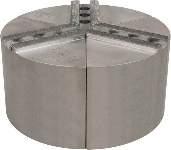 H & R Manufacturing - 1.5mm x 60° Serrated Attachment, Round Soft Lathe Chuck Jaw - 3 Jaws, Aluminum, 1" Btw Mount Hole Ctrs, 4" Long x 8" Wide x 4" High, 0.551" Groove, 12mm Fastener - Exact Tool & Supply