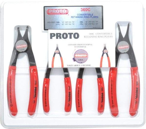 Proto - 4 Piece, 3/8 to 2" Bore, 1/4 to 2" Shaft, Convertible Retaining Ring Pliers Set - 0.038 to 0.07" Tip Diam Range - Exact Tool & Supply