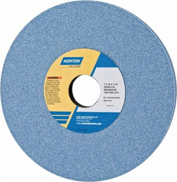 Norton - 7" Diam x 1-1/4" Hole x 1/2" Thick, L Hardness, 60 Grit Surface Grinding Wheel - Ceramic, Type 1, Medium Grade, 3,600 Max RPM, Vitrified Bond, No Recess - Exact Tool & Supply