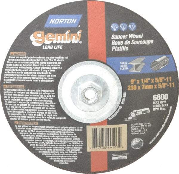 Norton - 24 Grit, 9" Wheel Diam, 1/4" Wheel Thickness, Type 28 Depressed Center Wheel - Aluminum Oxide, 6,600 Max RPM, Compatible with Angle Grinder - Exact Tool & Supply