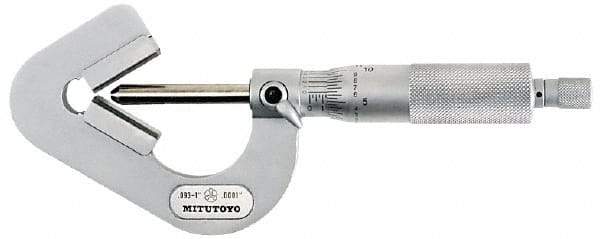 Mitutoyo - 0.05 to 0.6 Inch Measurement, 0.001 Inch Graduation, Accuracy Up to 0.0002 Inch, 3 Flutes Measured, Ratchet Stop Thimble, Mechanical V Anvil Micrometer - 6.35mm Spindle Diameter, Carbide, 23.46mm Throat Depth - Exact Tool & Supply