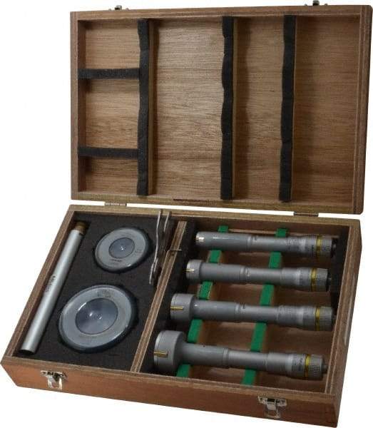 Mitutoyo - 9 Piece, 0.8 to 2", Carbide, TiN Coated, Hole Mechanical Inside Micrometer Set - 0.0002" Graduation, Ratchet Stop Thimble, Includes (2) Setting Rings, Extension & Fitted Plastic Case - Exact Tool & Supply