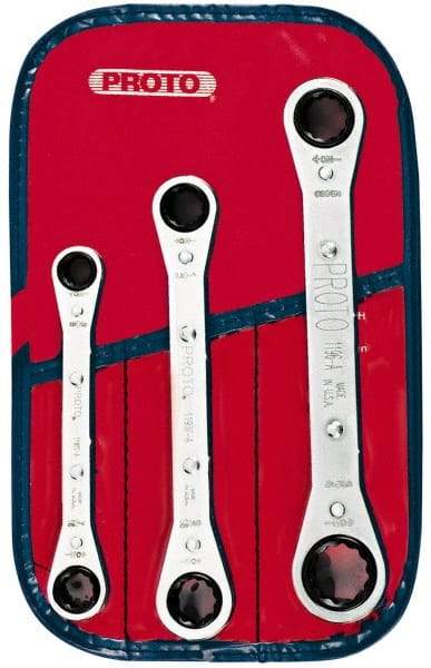 Proto - 3 Piece, 3/8" to 11/16", 12 Point Ratcheting Box Wrench Set - Inch Measurement Standard, Chrome Finish, Comes in Pouch - Exact Tool & Supply