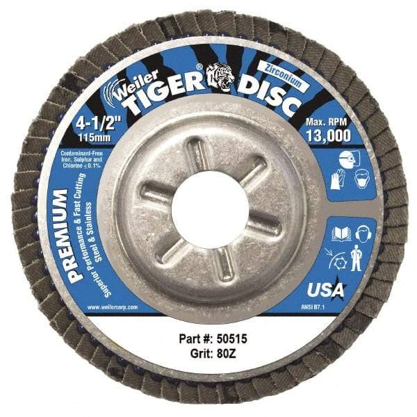Weiler - 80 Grit, 4-1/2" Disc Diam, 7/8" Center Hole, Type 29 Zirconia Alumina Flap Disc - 13,000 Max RPM, Aluminum Backing, Arbor Attaching System, Coated - Exact Tool & Supply