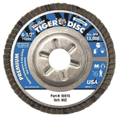 Weiler - 80 Grit, 4-1/2" Disc Diam, 7/8" Center Hole, Type 29 Zirconia Alumina Flap Disc - 13,000 Max RPM, Aluminum Backing, Arbor Attaching System, Coated - Exact Tool & Supply