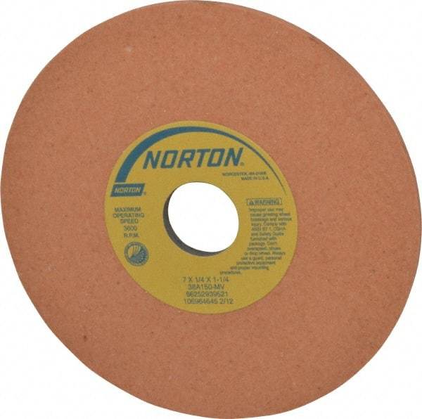 Norton - 7" Diam x 1-1/4" Hole x 1/4" Thick, M Hardness, 150 Grit Surface Grinding Wheel - Aluminum Oxide, Type 1, Very Fine Grade, 3,600 Max RPM, Vitrified Bond, No Recess - Exact Tool & Supply